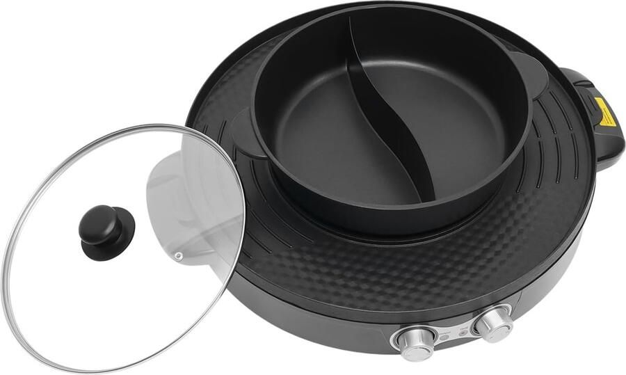 Elektrische Hotpot Grill Twee Pannen Apparaat Thuis Koken Afneembare Grillplaat 44cm Diameter Zwart