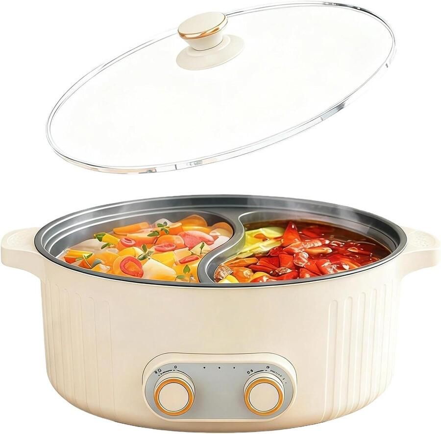 Elektrische Hotpot Grillplaat Samen Koken Dubbele Kookruimte 6 Liter Wit