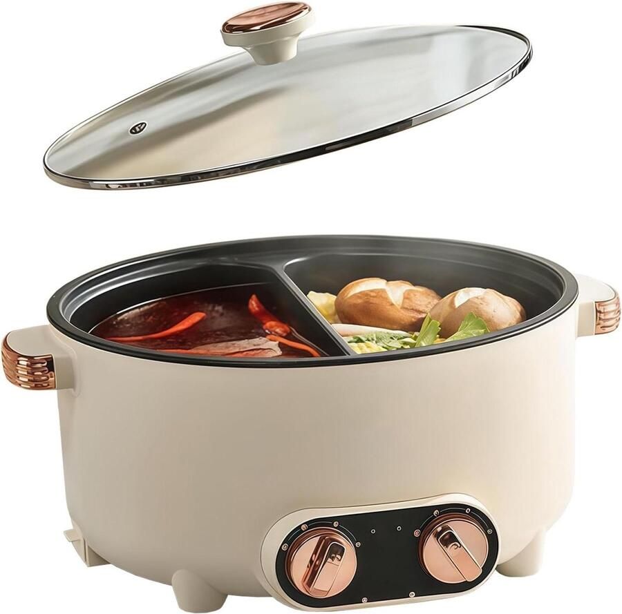 Elektrische Hotpot Grillplaat Samen Koken Dubbele Kookruimte 6 Liter Wit