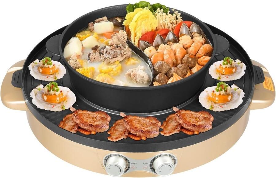 Elektrische Hotpot Kookpan Grill Samen Eten 2-in-1 Functie 44 cm Diameter Goud