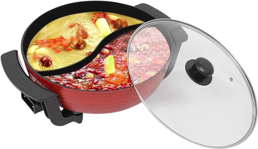 Elektrische Hotpot Multifunctionele Pan Familiefeesten Koken 6 Liter Inhoud 31cm Diameter Rood Zwart