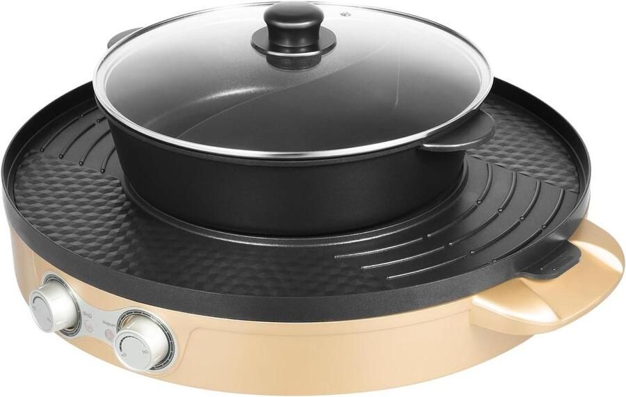 Elektrische Hotpot Ronde Grillplaat Samen Eten 2-in-1 Grillen Fondue Diameter 30cm Zilver Zwart