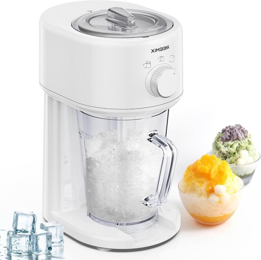 Elektrische ijsmachine voor geschaafd ijs draagbare sneeuwkegelmaker met grote opslagcapaciteit en instelbare ijsdikte wit