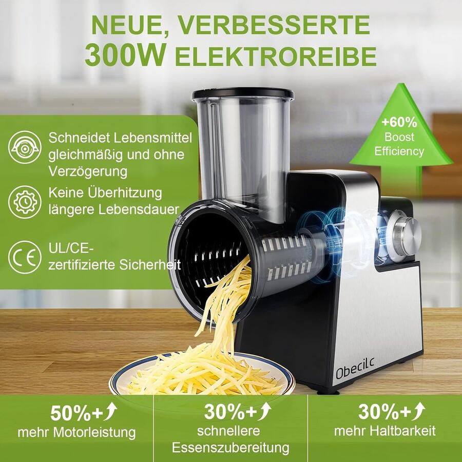 Elektrische Kaasrasp Keukenapparaat Snel Ingrediënten Snijden 7 RVS Bladen 30cm Hoog Zwart