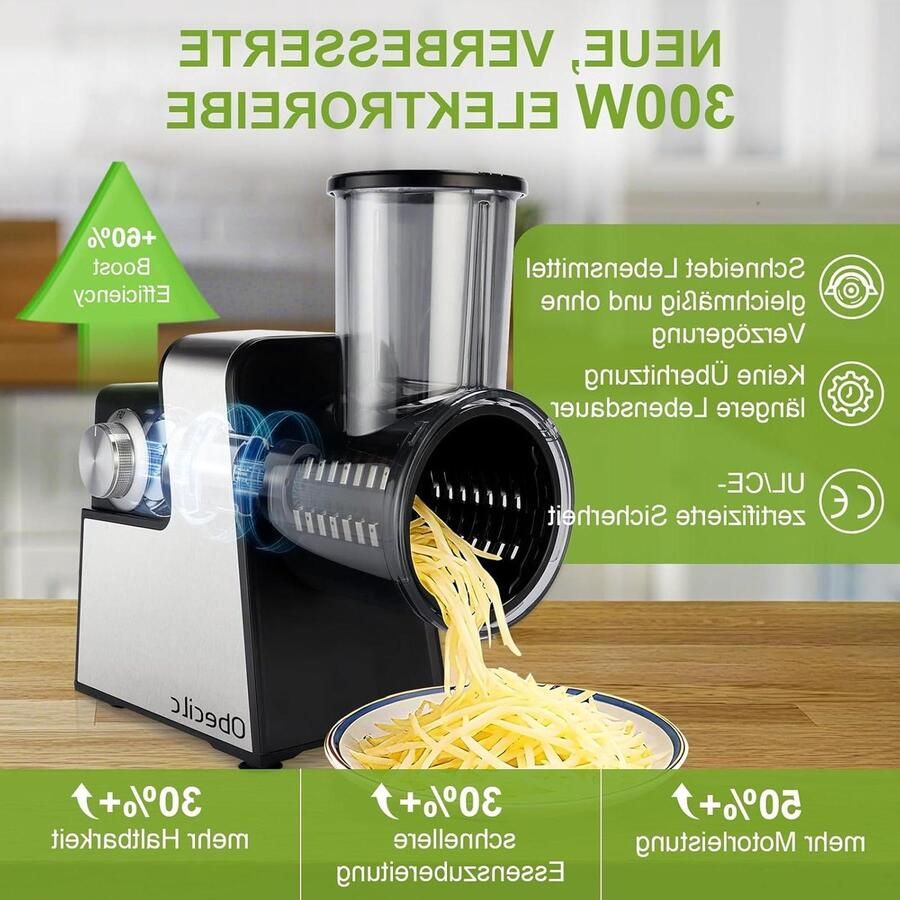 Elektrische Kaasrasp Keukenmachine Groente Snijder Snel Ingrediënten Bereiden 7 RVS Bladen 30 cm Hoog Zwart