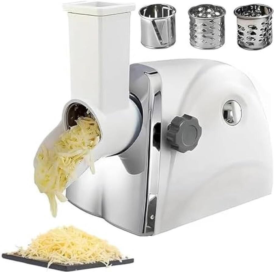 Elektrische Kaasrasp Keukenmachine Groente Snel Raspen Handsfree Gemak 3 RVS Messen Wit