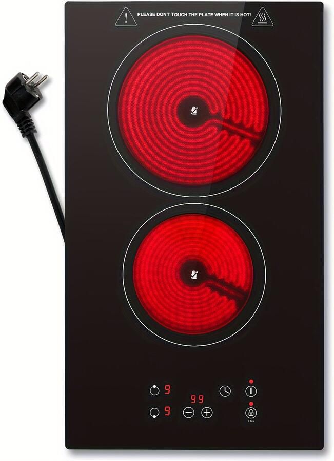 Elektrische Keramische Kookplaat 2-Pits 3000W – 30 cm – Touch Control 9 Vermogensstanden Timer en Kinderslot – Zwart