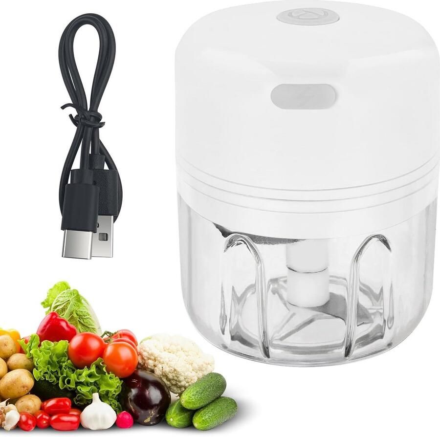 Elektrische Keuken Chopper Mini Mixer USB Groenten Snijden 3 RVS Messen 250ml Wit