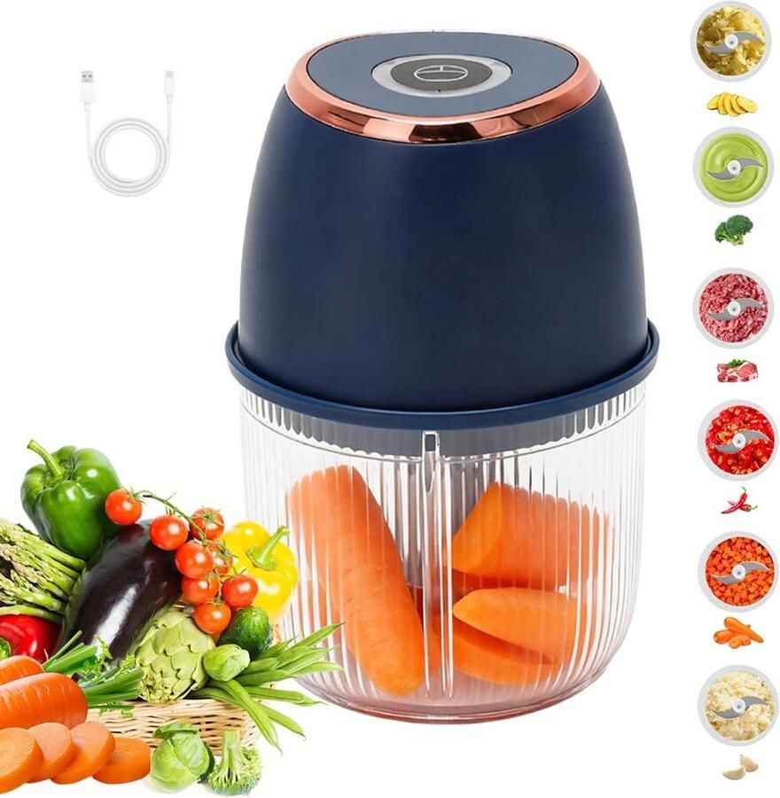 Elektrische keukenhakselaar 350 ml elektrische hakmolen draagbare uiensnijder mini-hakmolen USB-opladen uiensnijder voor uien fruit noten vlees en knoflook (blauw)