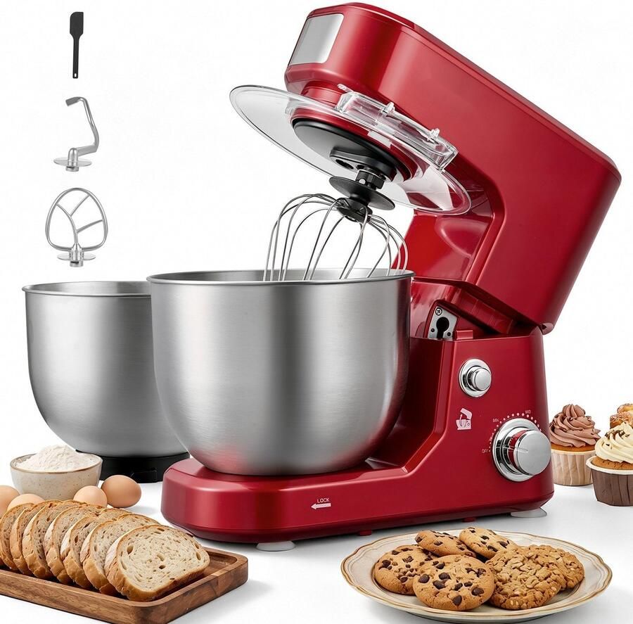 Elektrische keukenmachine Deegmixer 5 + 4 liter 1000 W 2 stapelbare SUS304 roestvrijstalen kommen Kantelbare kop Spatbescherming Antislipvoetjes Accessoireset