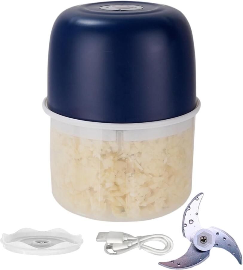 Elektrische Keukenmachine Mini Hakker Snel Ingrediënten Snijden Draadloos en Draagbaar 8x8x11 cm Donkerblauw
