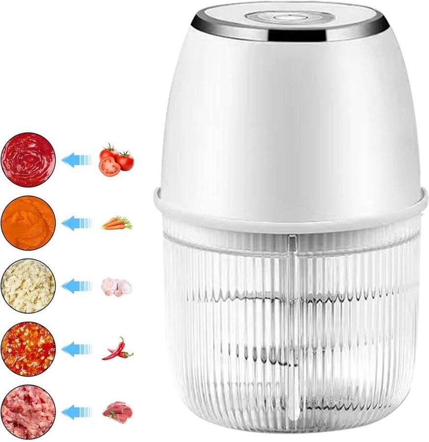 Elektrische keukenmachine van 350 ml met 6 messen voor het hakken van knoflook en vlees oplaadbaar via USB – Wit