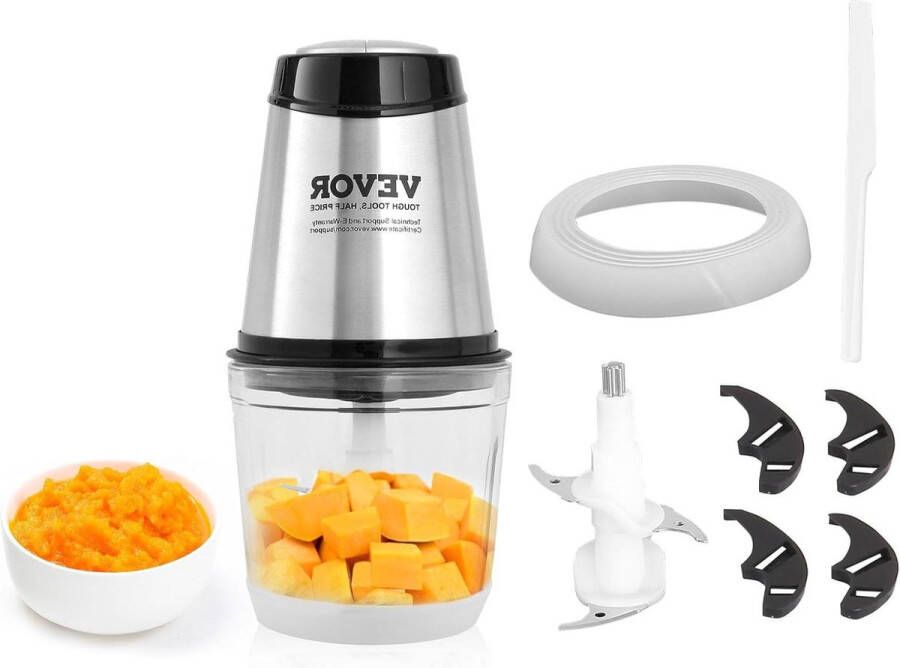 Elektrische keukenmachine vleesmolen 400 W multifunctionele hakmolen 600 ml vulcapaciteit blender 3000 omw min + 4000 omw min groentesnijder glazen kom & mes & schraper zilver