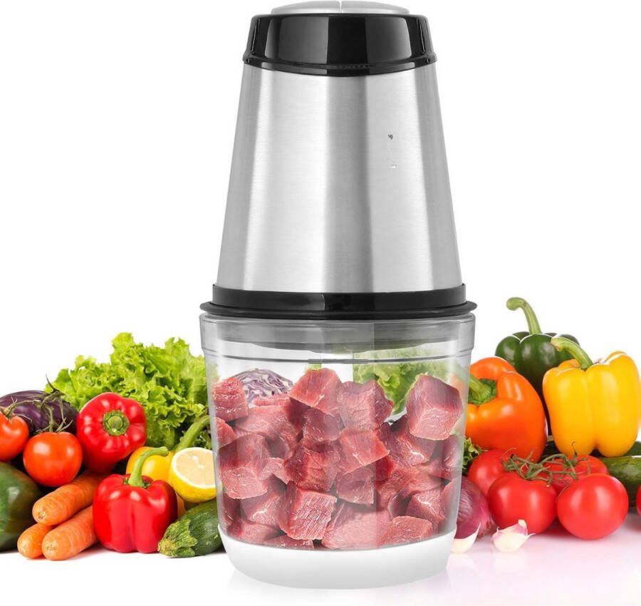 Elektrische keukenmachine vleesmolen 400 W multifunctionele hakmolen 600 ml vulcapaciteit blender 3000 tpm + 4000 tpm groentesnijder inclusief glazen kom & mes & schraper zilver