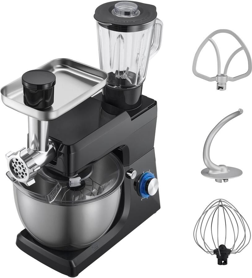 Elektrische Keukenmixer 7 8 L Keukenmixer met 1500 W Motor 6+P Snelheden Kantelbaar Kopontwerp Inclusief 1 5 L Blenderbeker Roestvrijstalen Kom Deeghaak Garde en Klopper voor Bakken en Mixen Zwart