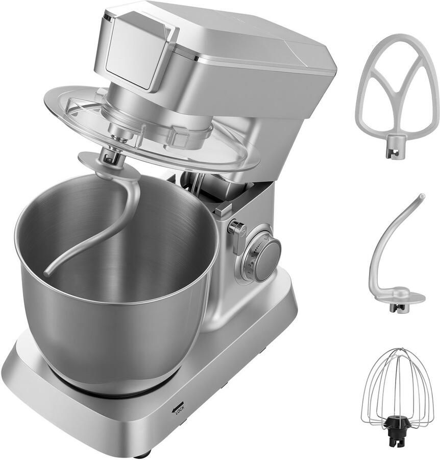 Elektrische Keukenmixer met Een Capaciteit van 4 3 L 1300 W Vermogen 6+P Instelbare Snelheden Kantelbaar Ontwerp Inclusief 1 5 L Blenderbeker Roestvrijstalen Kom Deeghaak Garde en Klopper voor Bakken en Mixen Zilver
