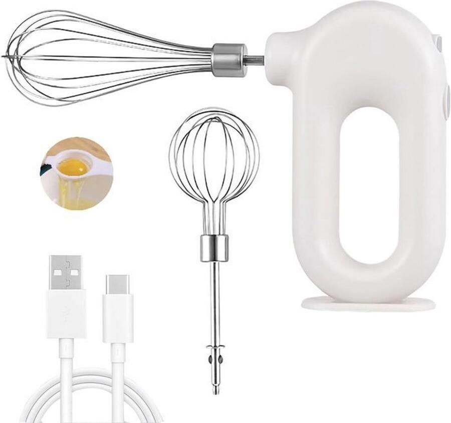 Elektrische keukenmixer snoerloze handmixer USB oplaadbare mini-garde 2 mengkoppen en 3 snelheden wit
