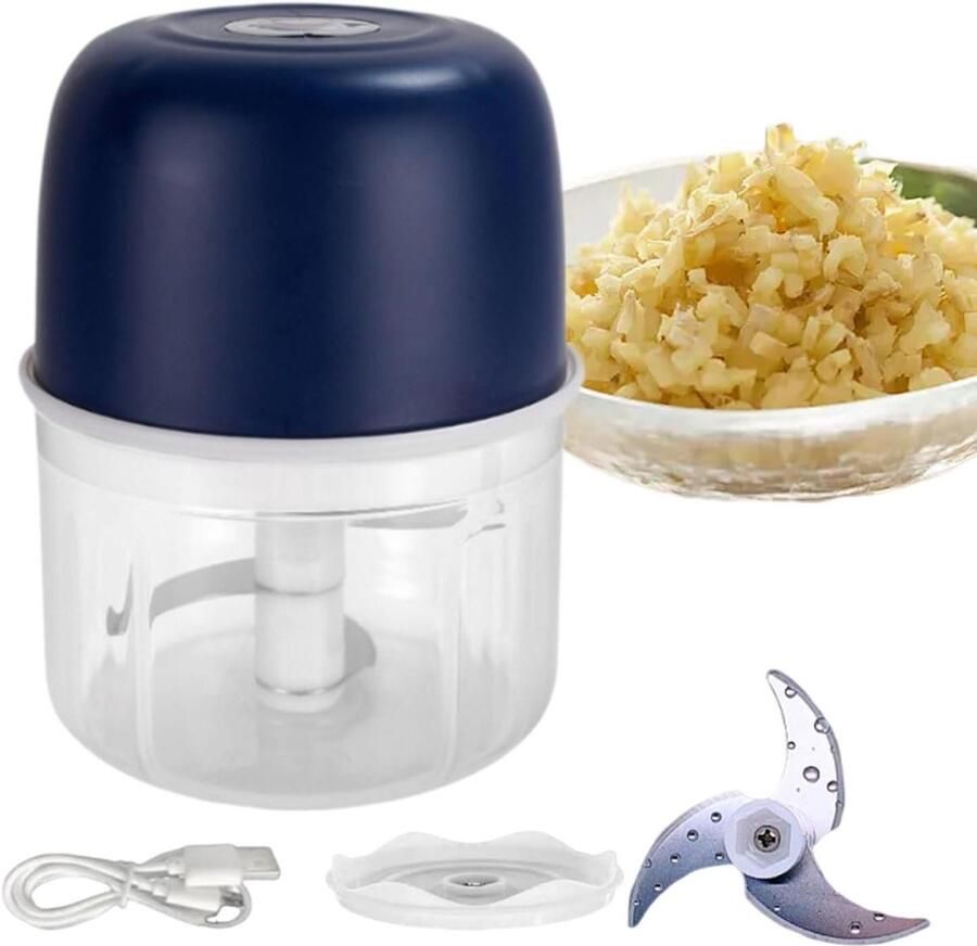 Elektrische Knoflookhakker Keukenmachine Gemberhakker Maaltijdvoorbereiding Versnellen Automatisch Draadloos Hakken 12.5L x 9.5W x 9.6H cm Donkerblauw