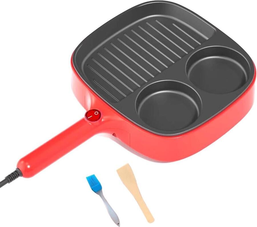 Elektrische koekenpan Bakplaat Grillpan Ontbijt maken Anti-aanbak oppervlak Driedelig Rood