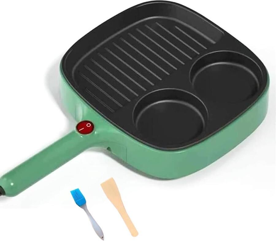 Elektrische Koekenpan Bakplaat Verdeeld Ontbijt Maken Anti-aanbak Gestreepte Grill Driedelig Groen