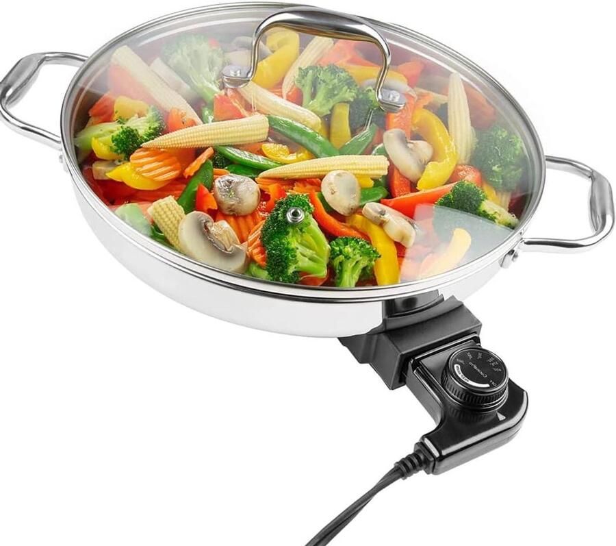 Elektrische koekenpan Braadpan met deksel Snel maaltijden bereiden Verstelbare temperatuurregeling 305 cm rond Zilver