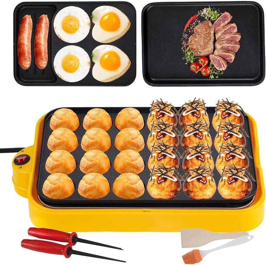 Elektrische Koekenpan Pannenkoekenmaker Grill Snacks Maken Automatische Temperatuur 24 Gaten Geel
