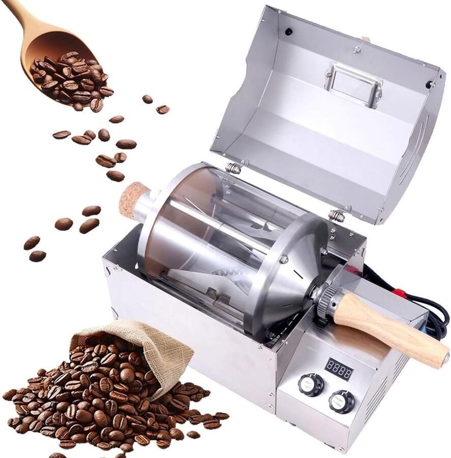 Elektrische Koffiebrander Koffiebonen Brander Thuis Koffie Branden Glazen Trommel 400g Capaciteit Zilver