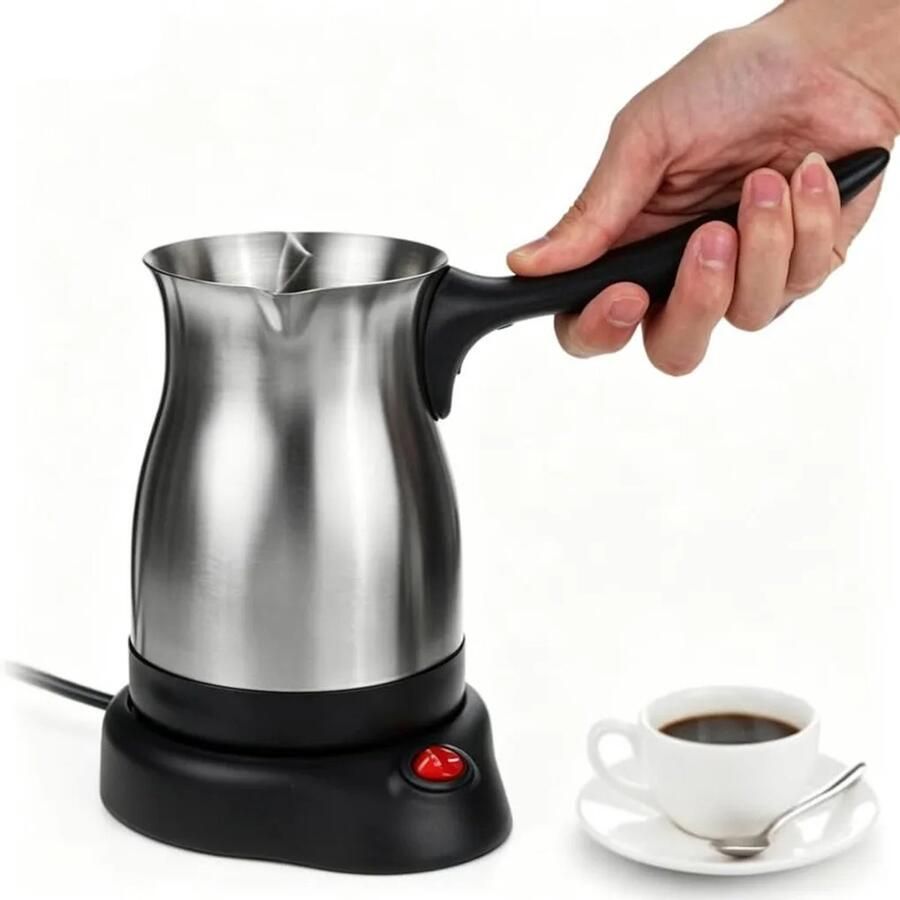 Elektrische koffiemachine van roestvrij staal Geschikt voor een inhoud van 600 ml en een vermogen van 600 W. Deze reiskoffiemachine is Geschikt voor het zetten van koffie thee en het bereiden van melk thuis