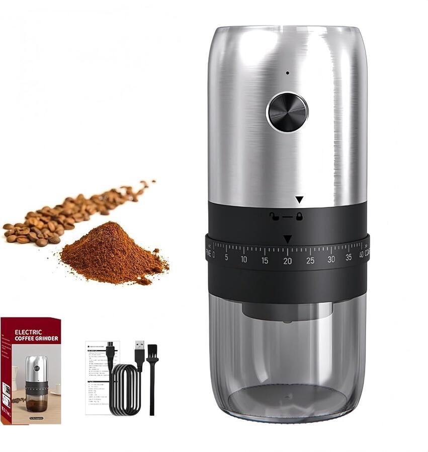 Elektrische Koffiemolen Elektrisch Vers Koffie Malen Keramisch Maalwerk 8x8x18.6 cm Zilver