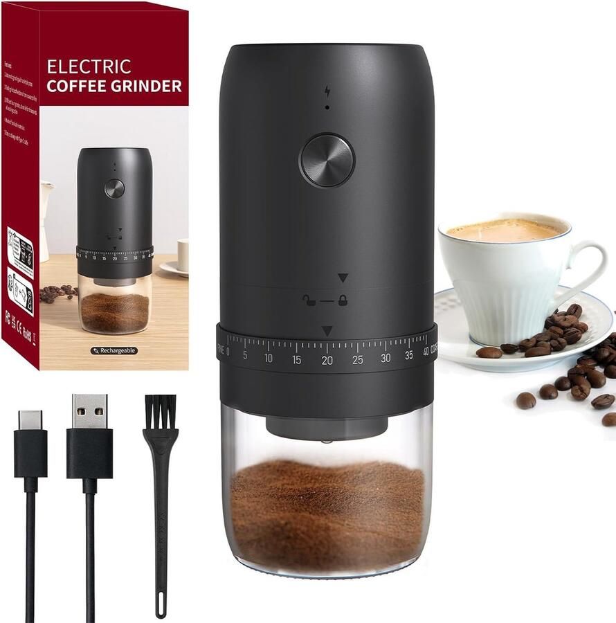 Elektrische Koffiemolen Koffiebonen Maler Kruidenmolen Draagbaar Oplaadbaar 40 Instelbare Maalniveaus voor Reizen en Kamperen Zwart