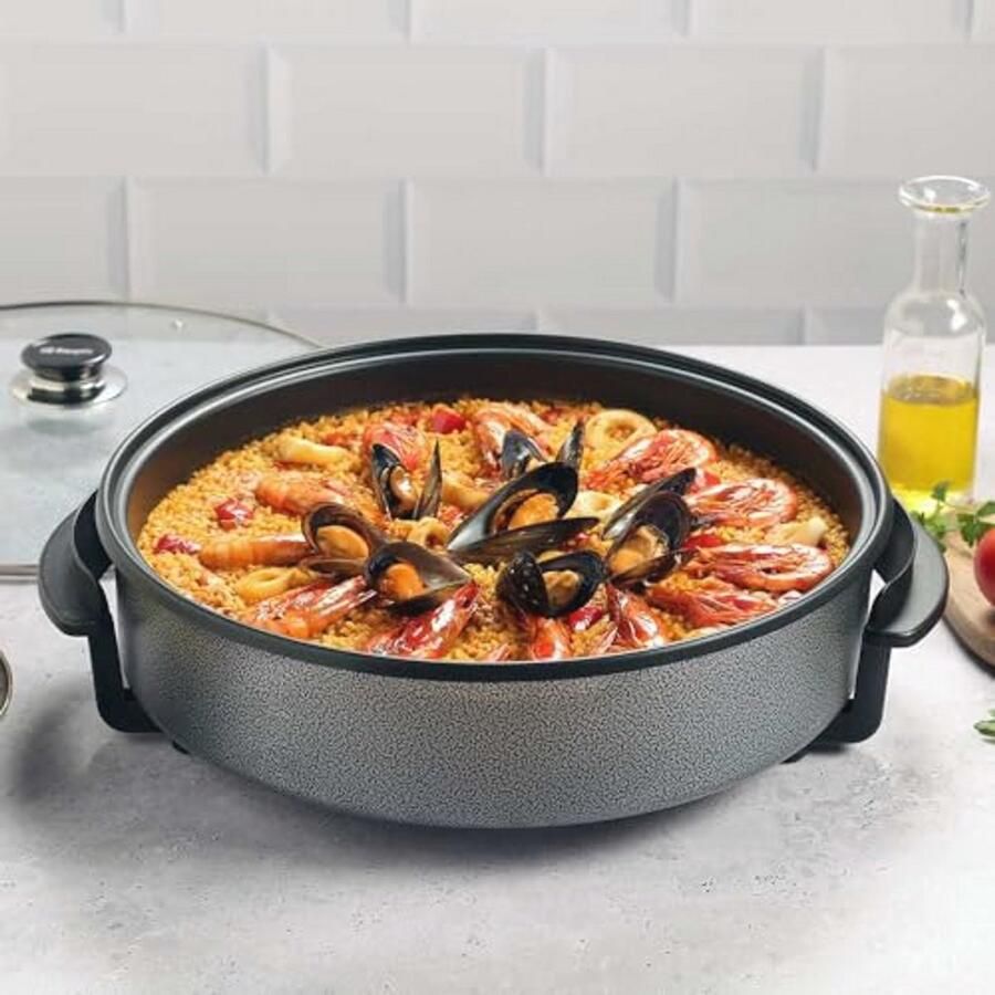 Elektrische kookpan 10 liter 1500W met glazen deksel en veiligheidsklep