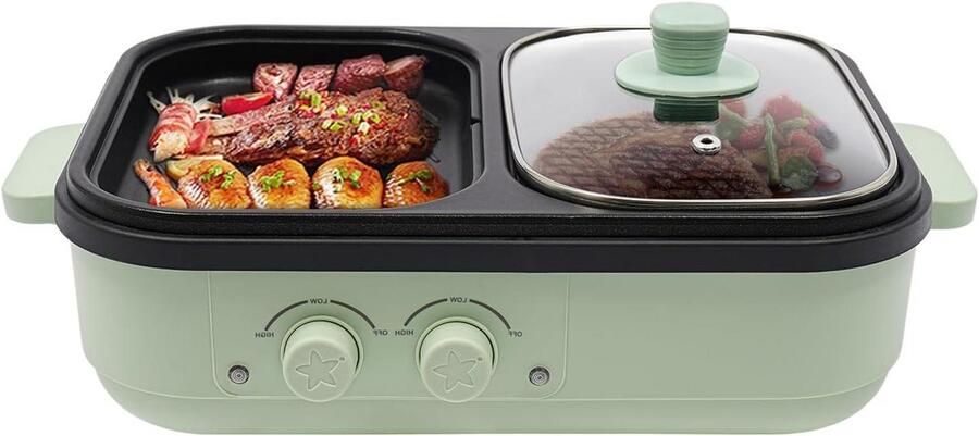 Elektrische Kookpan Contactgrill Multifunctionele Pan Thuis Koken Dubbele Temperatuurregeling 34 x 22 x 13 cm Groen