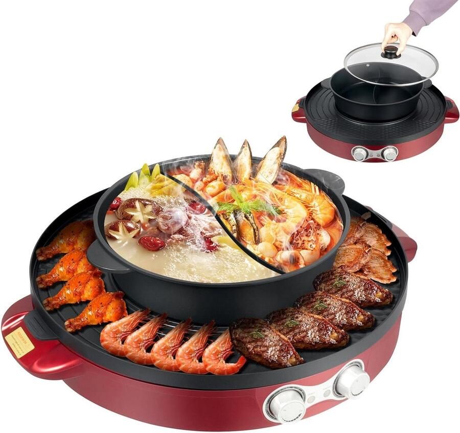 Elektrische Kookpan Grillpan Tafelgrill Gezellig Eten 2-in-1 Ontwerp 52 x 18.5 cm Rood