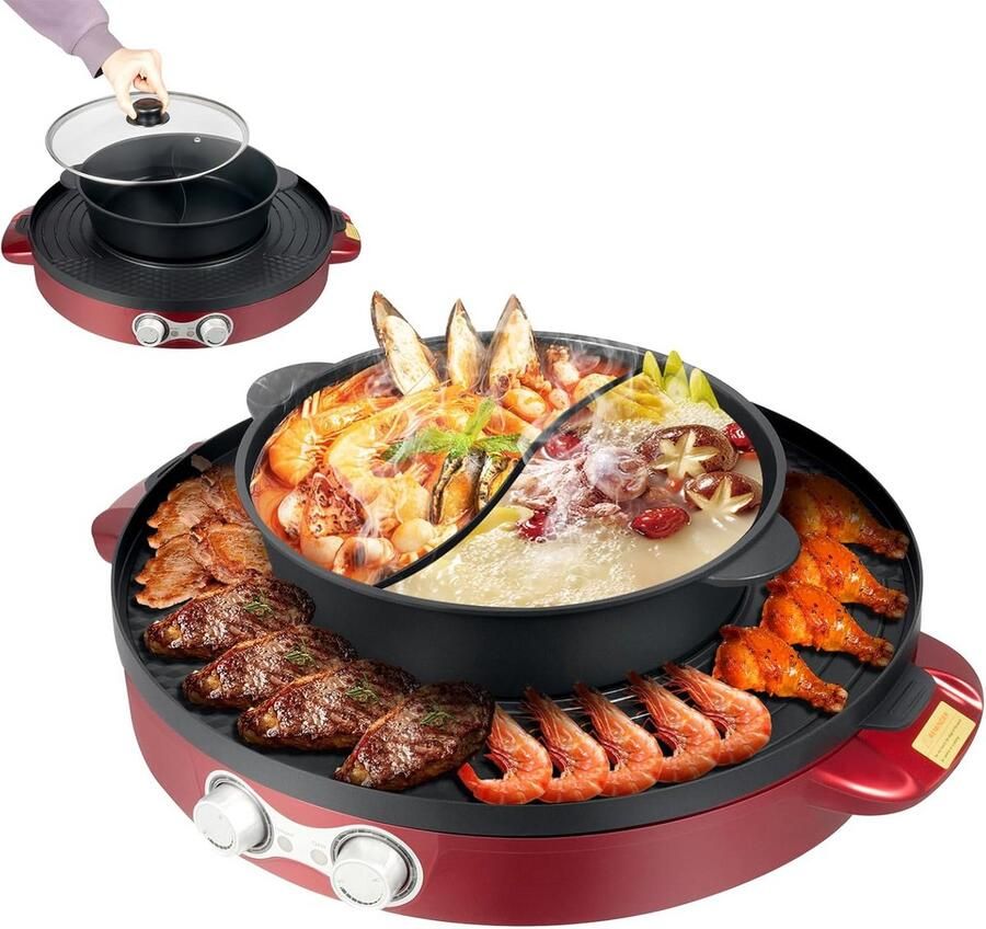 Elektrische Kookpan met Grill en Scheidingswand 2200W 2-in-1 Soeppan Anti-Aanbaklaag voor 2-8 Personen Rood