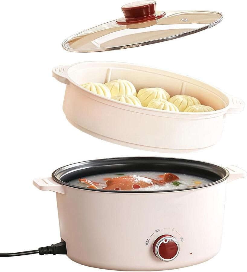 Elektrische Kookpan Multicooker Pan Thuis Koken Met Stoommandje 4.6 Liter Wit Rood