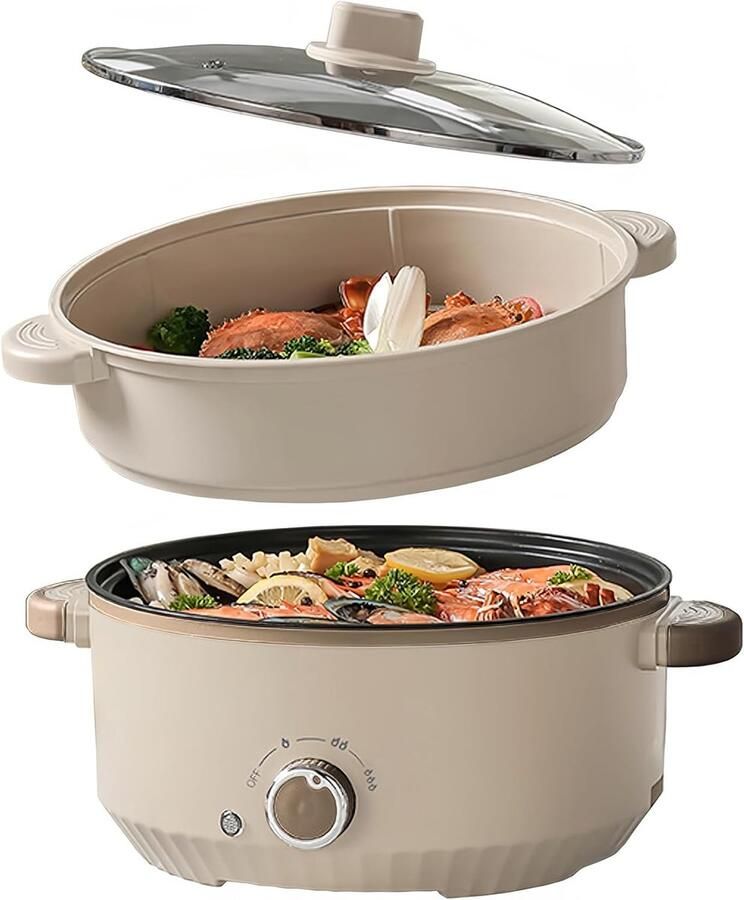 Elektrische Kookpan Multicooker Pan Veelzijdig Koken Dubbel Stoomrooster 4.6 Liter Beige