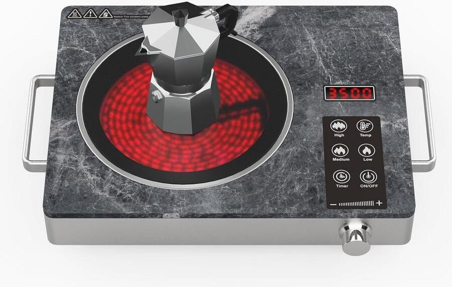 Elektrische Kookplaat 1 Pit 3500W met Marmerglas en Infrarood Verwarming