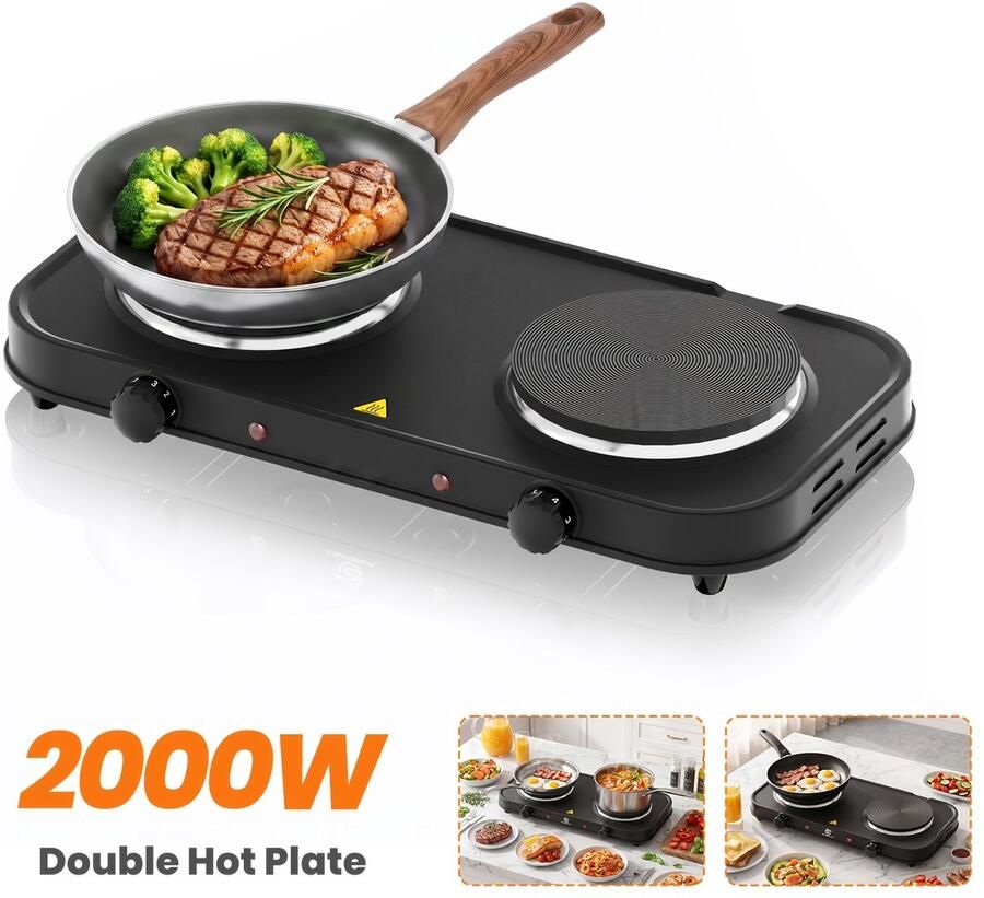 Elektrische Kookplaat 2 Pits – 2000W – 5 Warmtestanden – Onafhankelijke Temperatuurregeling – Compact – Zwart