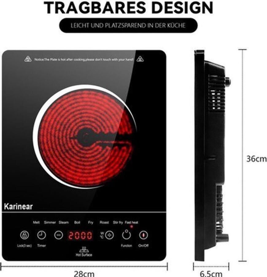 Elektrische Kookplaat Draagbaar 2000 W Vermogen 1 Glas-Keramische Kookplaat Vrijstaand Timer Functie