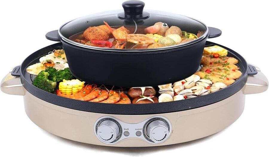 Elektrische Kookplaat Hot Pot Grill Gezellig Tafelen Dubbele Temperatuurregeling 44 cm Diameter Wit