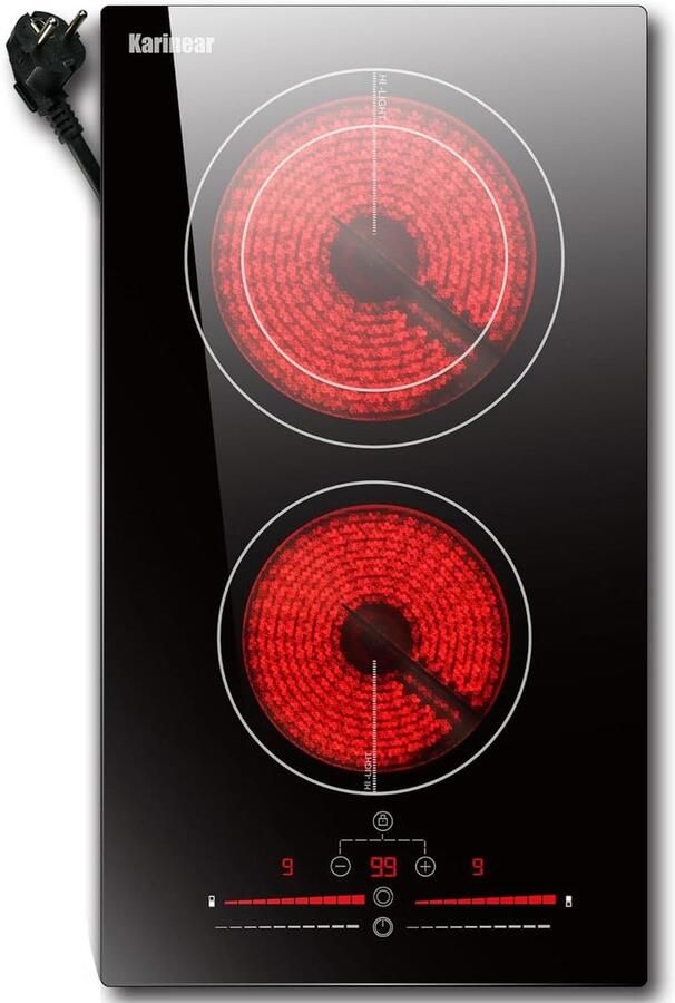 Elektrische Kookplaat Keramisch 2 Zones Ingebouwd Glaskeramisch Aanraakbediening Dubbele Ring Kookzone 61x42 cm