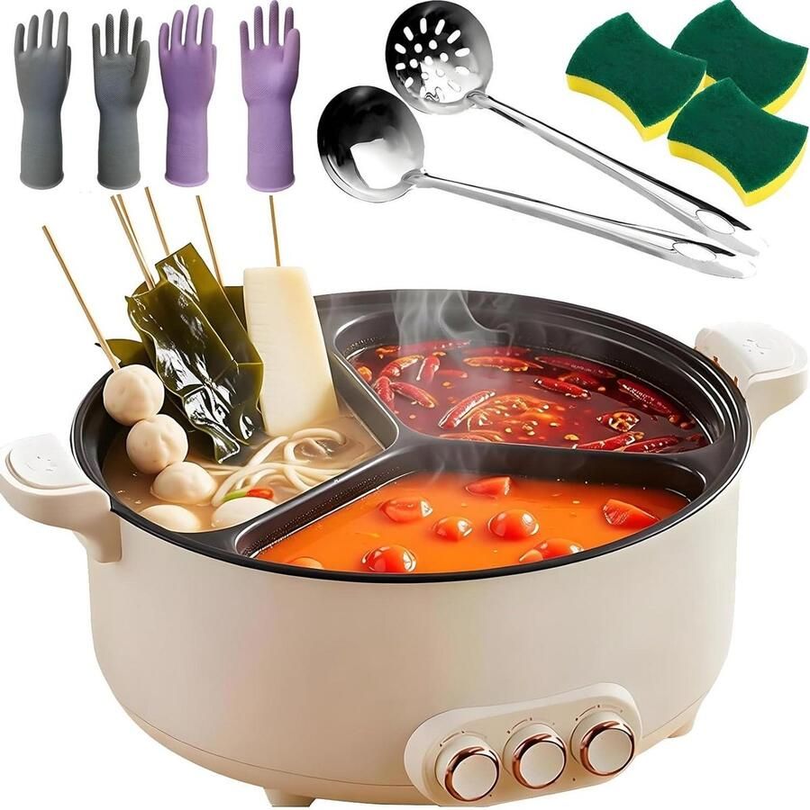 Elektrische Kookpot Friteuse Pan Samen Koken Drievoudige Smaak Divider 8 Liter Capaciteit Beige