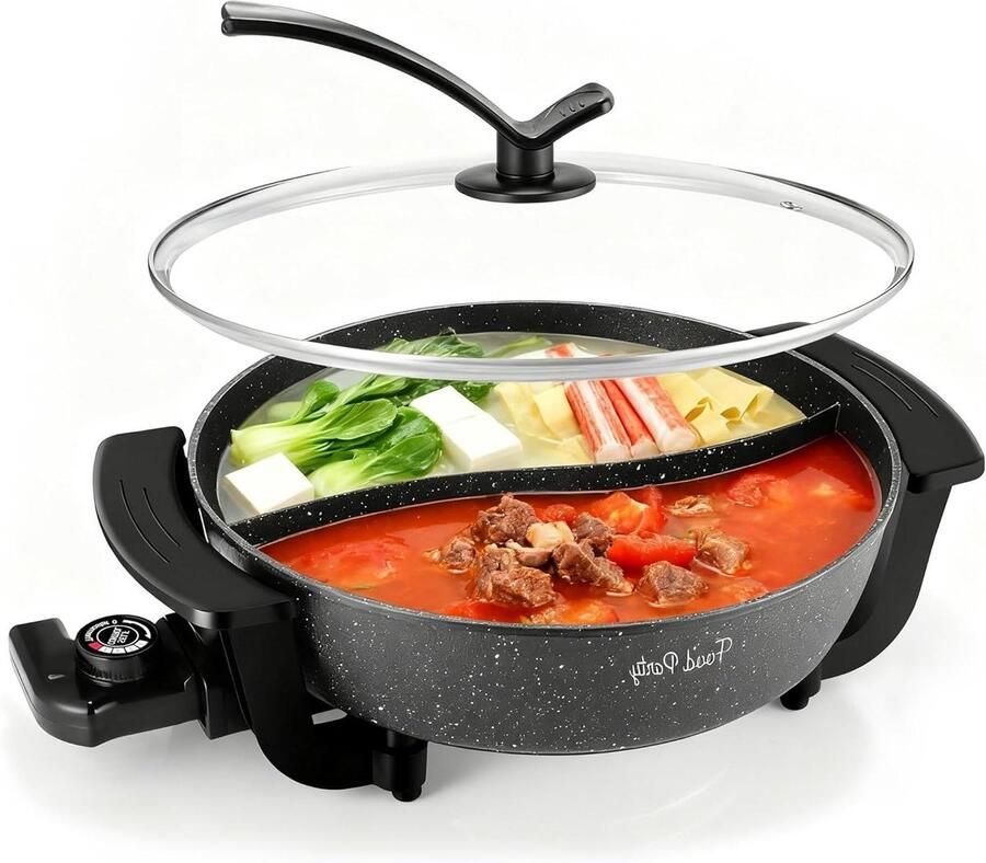 Elektrische Kookpot Hotpot Fondue Gezellig Tafelen Dubbelzijdig Koken 6 Liter Zwart