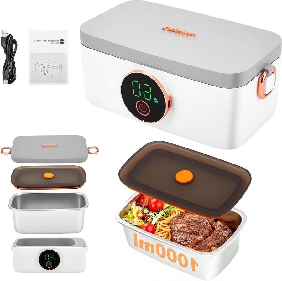 Elektrische Lunchbox Draagbare Verwarmer Warme Maaltijden Echt Draadloos 1 liter Zwart