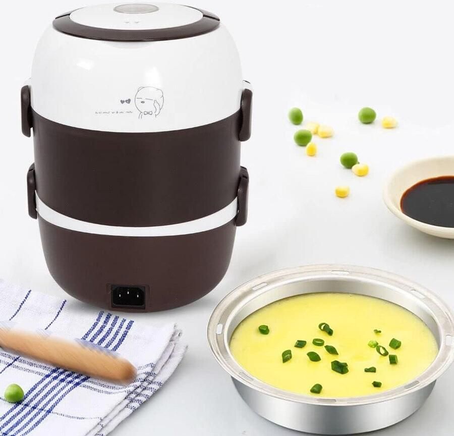 Elektrische Lunchbox Mini Rijstkoker Warme Maaltijd Onderweg Draagbaar en Compact 2 Liter Roestvrij Staal