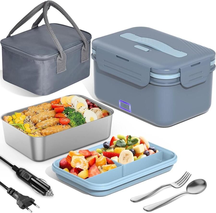 Elektrische Lunchbox Thermo Broodtrommel Warm Eten Onderweg 100W Snel Opwarmen 1.8L Capaciteit Grijs