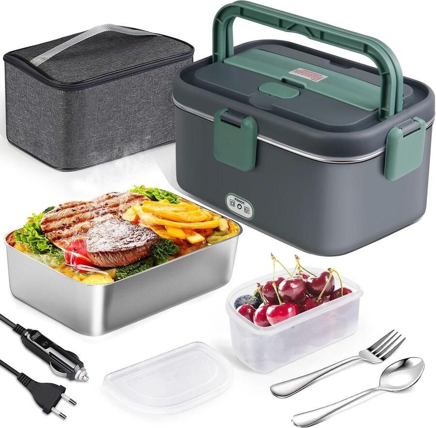 Elektrische Lunchbox Verwarmbare Bento Box Onderweg Eten Opwarmen 3-in-1 Aansluitingen 1.8 Liter Grijs Groen