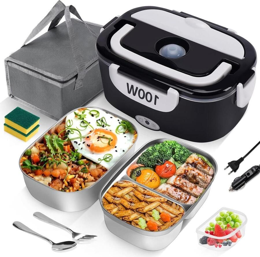 Elektrische Lunchbox Verwarmbare Maaltijd Warme Lunch Onderweg 3-in-1 Aansluitingen 1.19 Kilogram Groen Zwart