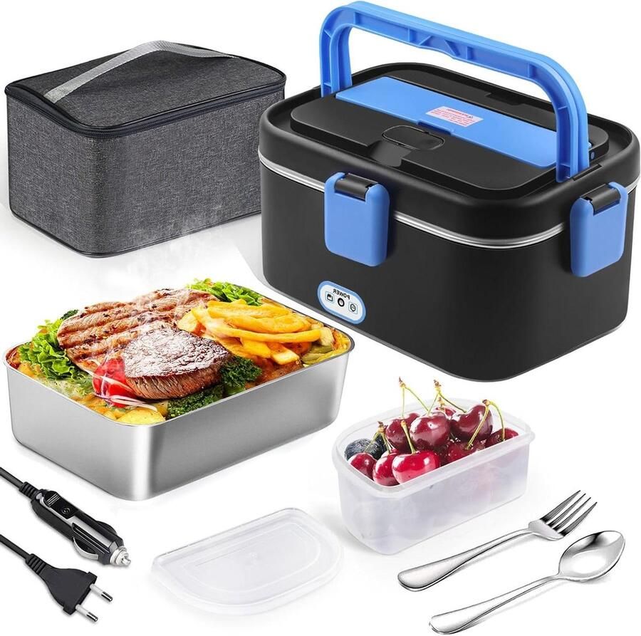 Elektrische Lunchbox Verwarmbare Voedselcontainer Onderweg Eten Opwarmen 3-in-1 Voedingsopties 18 Liter Zwart-Blauw
