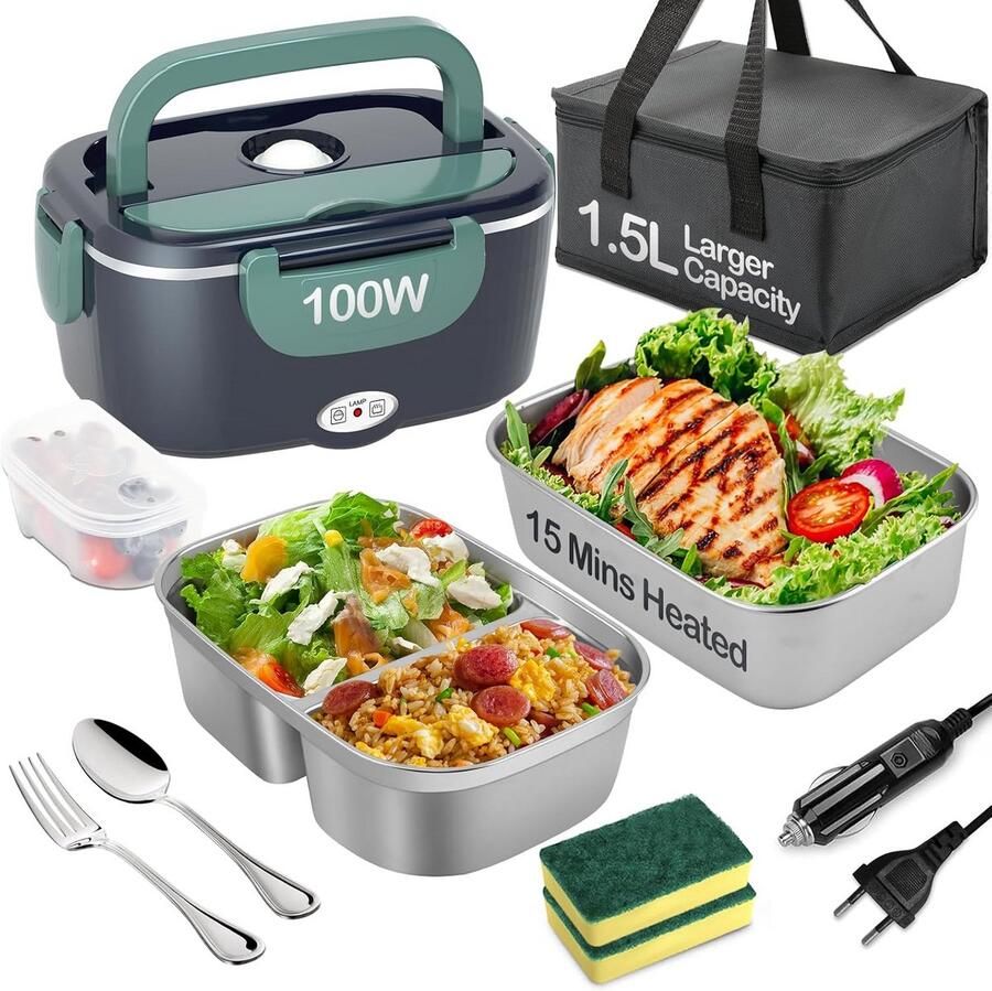 Elektrische Lunchbox Verwarmde Bento Onderweg Eten Snel Opwarmen 1.5L Capaciteit Groen